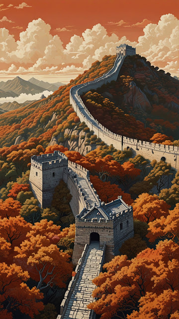 Great Wall of China Autumn Landscape Illustration - Free mobile Wallpaper