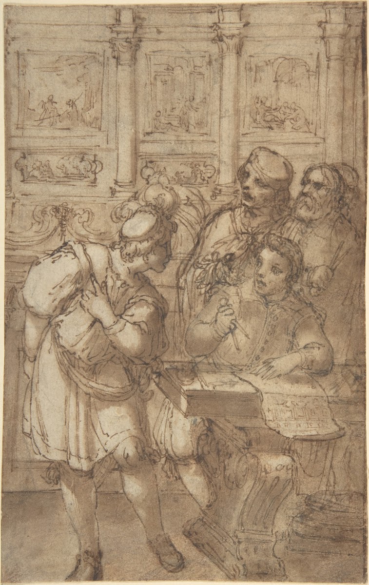 Architect in His Study Holding a Compass and Conversing with Three Men 17th cent