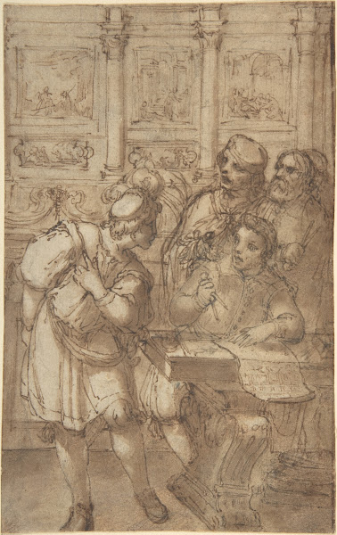 Architect in His Study Holding a Compass and Conversing with Three Men 17th cent