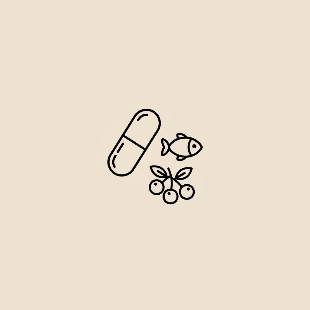 Minimalist Tonum-style line illustration of a capsule, fish, and berry on beige background representing nutrition and science — what weight loss pill absorbs fat
