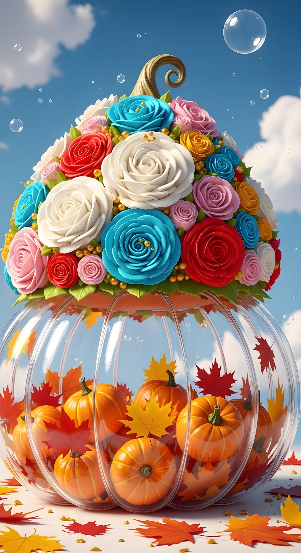 Glass Pumpkin Filled with Autumn Leaves and Flowers - Free 4K mobile Wallpaper