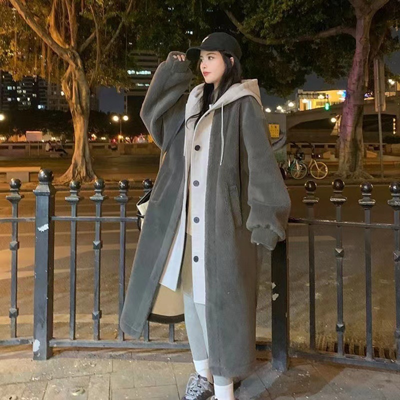 Lamb fleece imitation hooded jacket, mid-length, lined