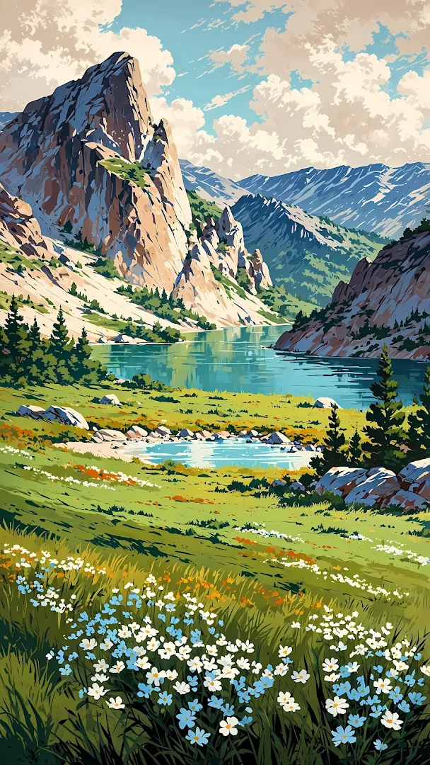 Lush Alpine Meadow with Flowers and Rocky Mountains