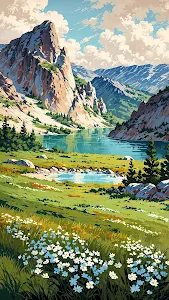 Lush Alpine Meadow with Flowers and Rocky Mountains