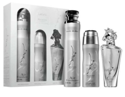 ESTUCHE LATTAFA MAAHIR LEGACY SILVER UNISEX 3PZS 100ML EDP + SPLASH + SPRAY AMBIENTADOR