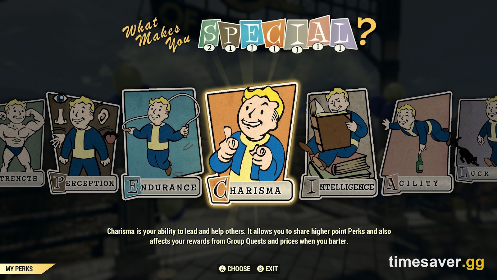 Fallout 76 S.P.E.C.I.A.L. stat allocation screen — set Perception, Agility, and Luck to 15 for a full commando build