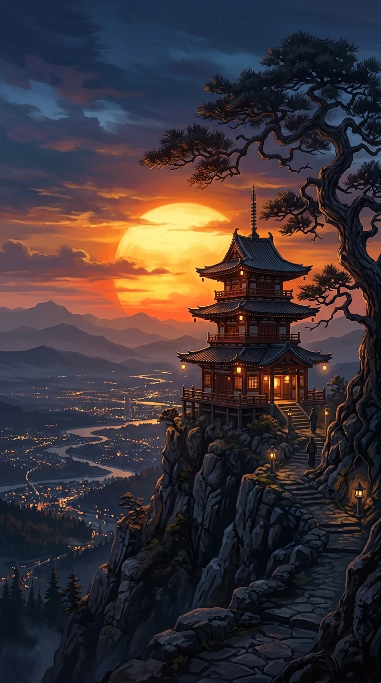 Ancient Pagoda on a Cliffside Overlooking a Sunset City - Free 4K mobile Wallpaper