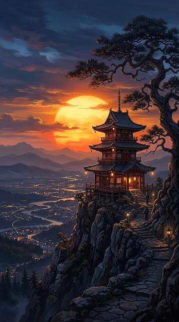 Ancient Pagoda on a Cliffside Overlooking a Sunset City - Free mobile Wallpaper