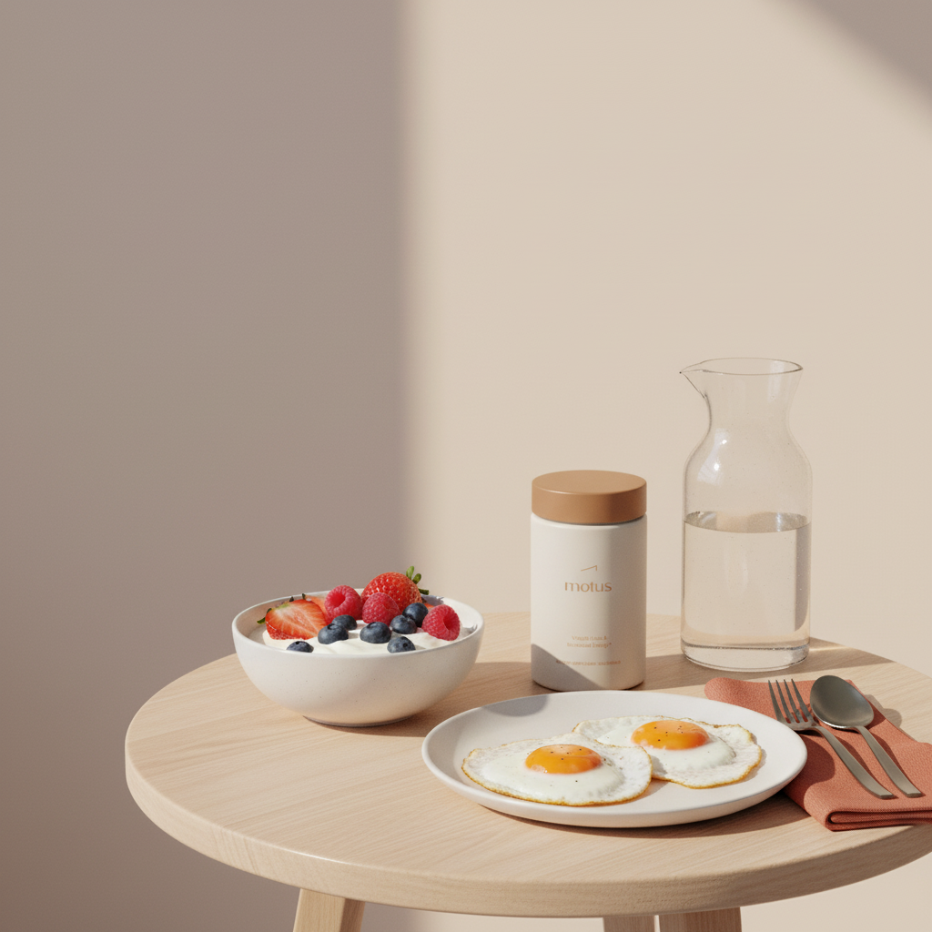 Breakfast table with Tonum Motus container beside Greek yogurt with berries, eggs and water carafe, illustrating protein intake for women and minimalist wellness