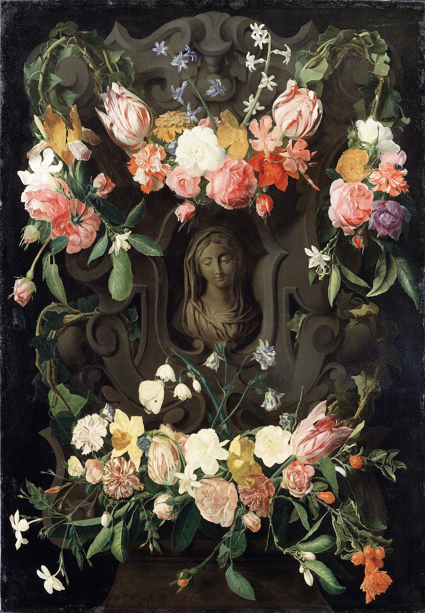 Flower around a Cartouche with an Image of the Virgin