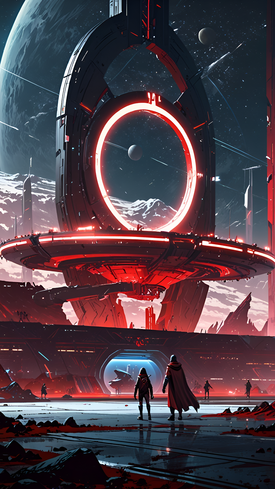 Futuristic Portal Gate on Alien Planet with Red Neon Glow - Free 4K mobile Wallpaper