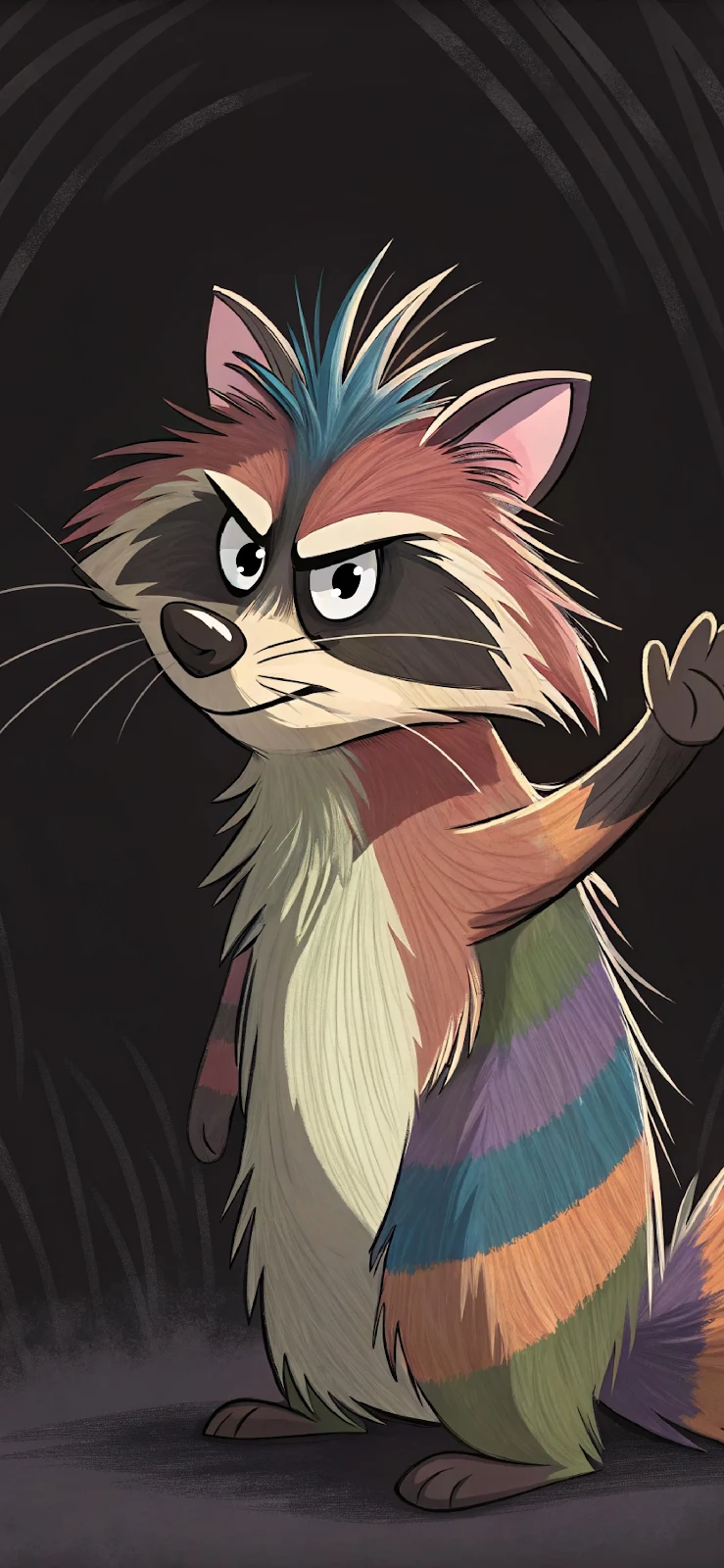 Grumpy Rainbow Raccoon Character - Cartoon Illustration 2K iPhone Wallpaper (1914x4146)