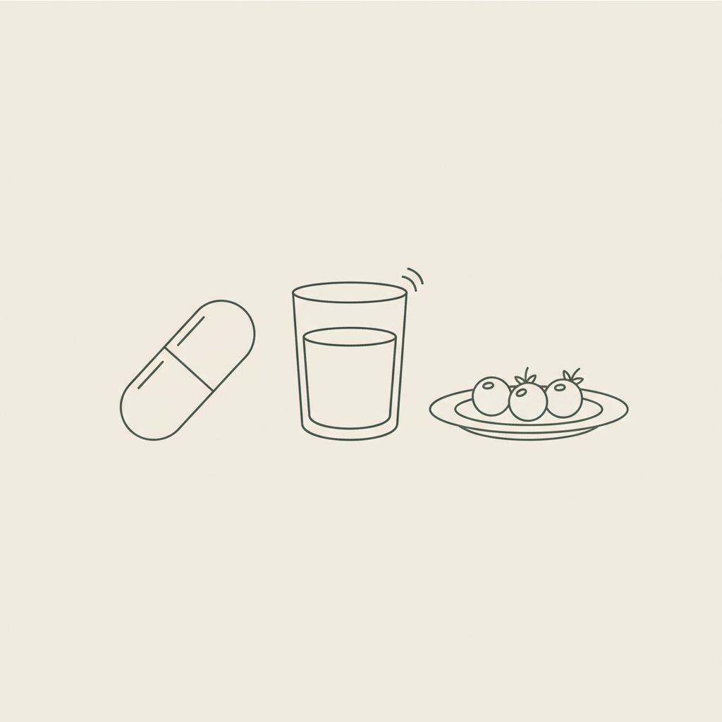 Minimalist vector line illustration of a capsule, water glass, and plate with berries on beige background representing how long until collagen works