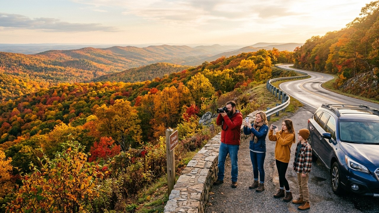 Family photographing autumn colors from Talimena Scenic Byway Ouachita Mountains Oklahoma Arkansas