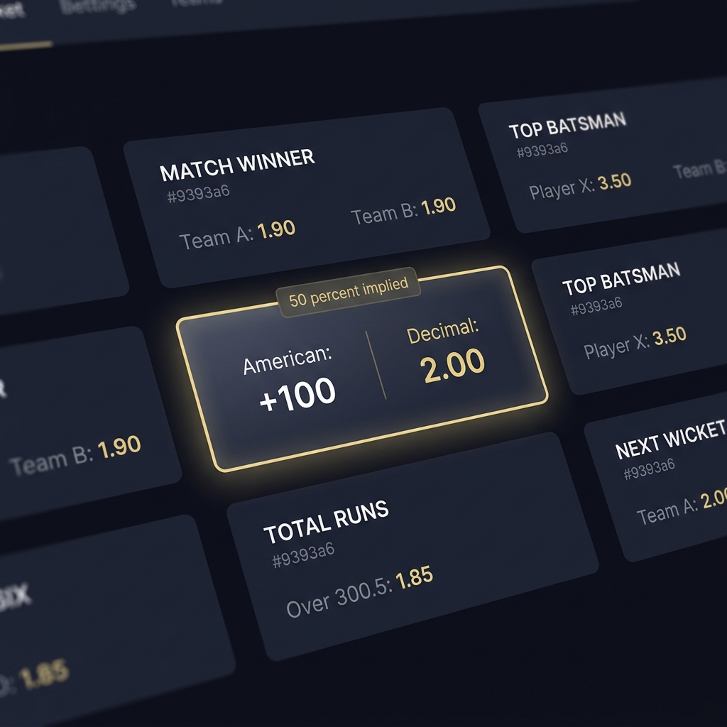 Close up clean betting interface showing cricket odds plus 100 and decimal 2.00 with 50 percent implied highlighted by soft gold accent on a dark Funded Plays style background