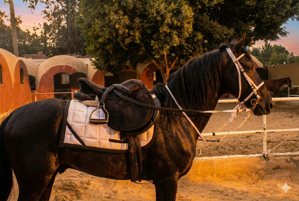 Porsche - Horse available for riding at Kheyool El Shewkhy in Saqqara, Egypt. Behold this regal dark beauty, defined by his sleek, black coat and elegant, hig