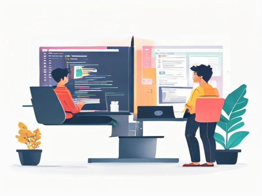 코딩 화면에서 UI/UX 기획 화면으로 전환하는 사람의 모습을 담은 디지털 일러스트. 웹 퍼블리셔가 웹 기획자로 커리어 전환하며 기술과 기획을 융합하는 과정을 상징합니다.