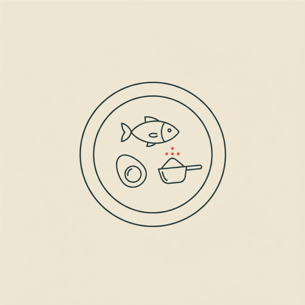 Minimalist vector plate with fish, egg, and protein scoop on beige background illustrating is 100 grams of protein enough to lose weight