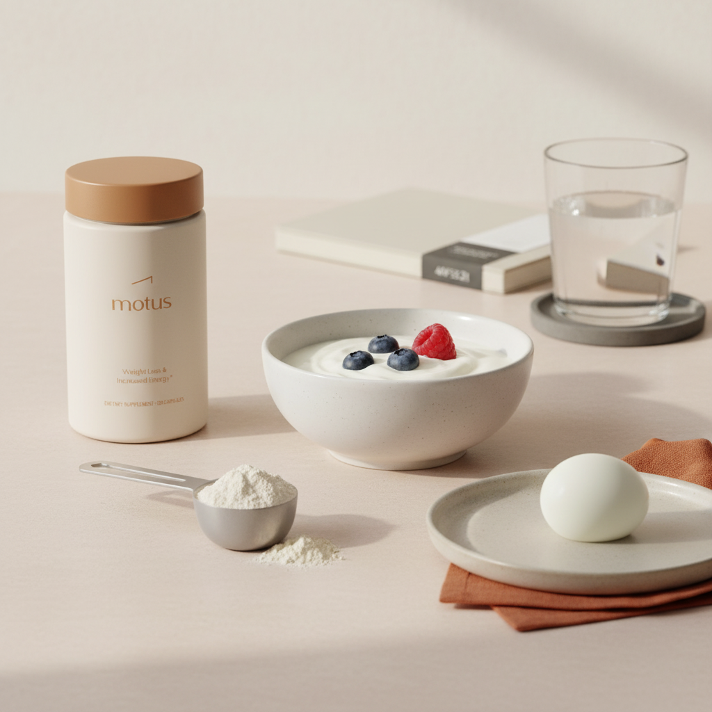 Motus by Tonum bottle on a neutral kitchen table with a measured powder scoop, Greek yogurt with berries and a boiled egg illustrating which protein burns fat.
