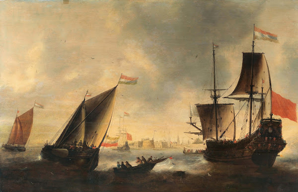 Dutch ships and boats at sea a city beyond