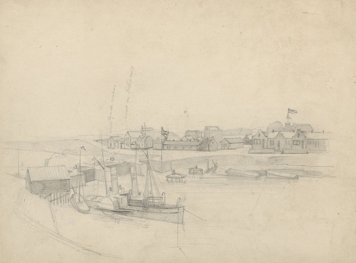Ontwerp voor illustratie in De Amsterdammer gezicht bij het Noordzeekanaal 1888