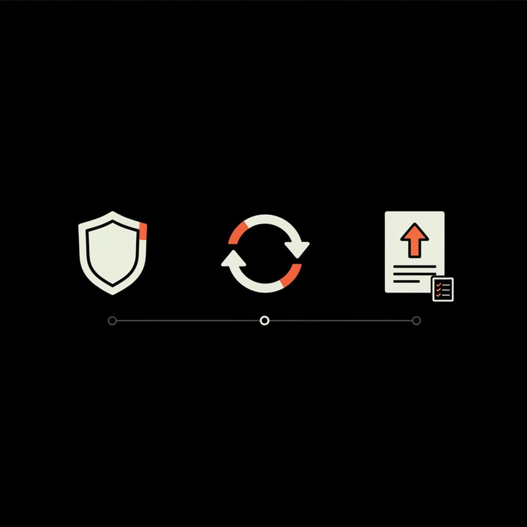 Minimal 2D vector infographic with shield, circular arrows, and upload document icons on black background to illustrate steps to recover disabled Facebook page.