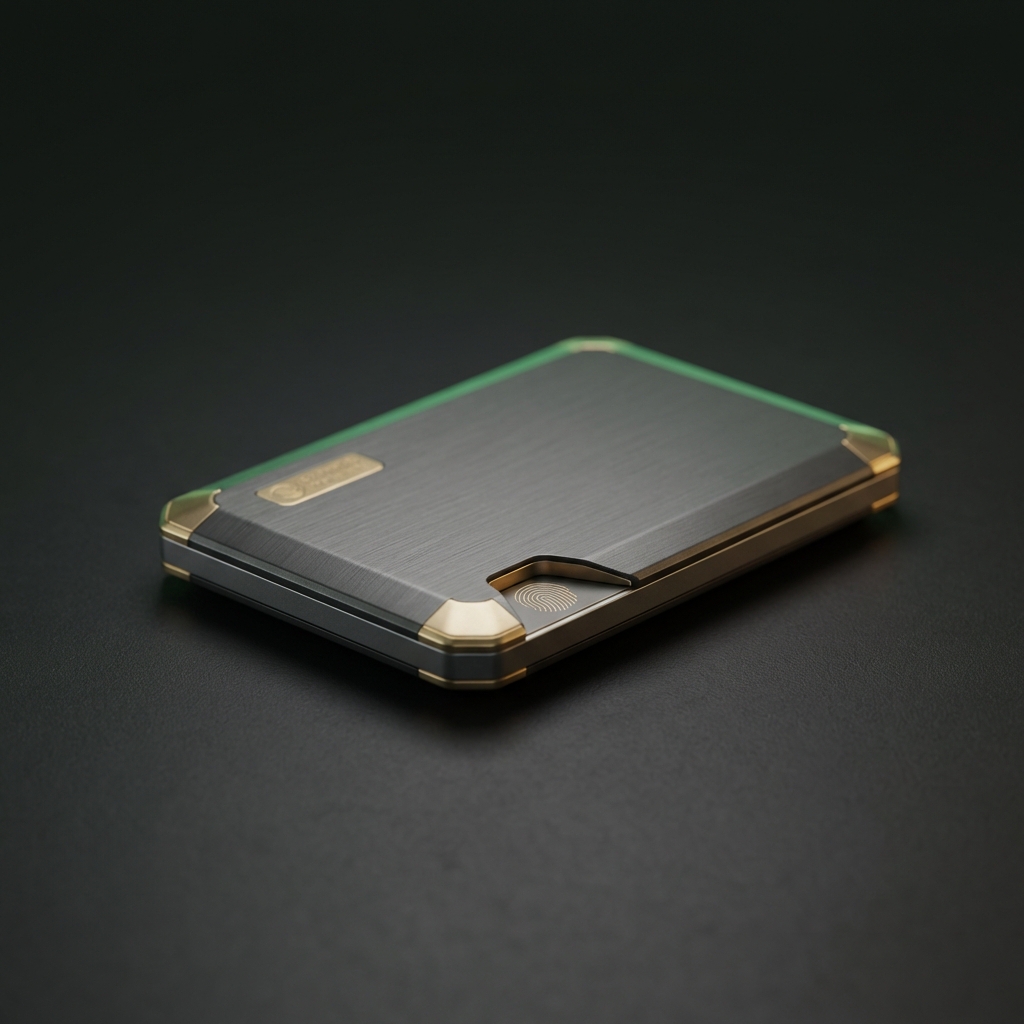 Close up photorealistic hardware crypto wallet on dark tabletop with soft green rim light and gold accent highlighting textured security features minimalist composition for cryptocurrency investing