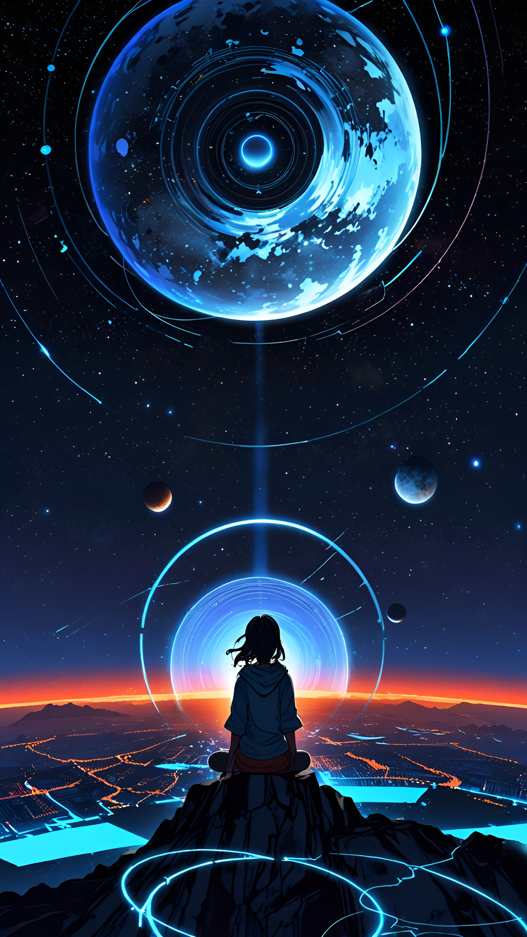 Cyberpunk Girl Observing Giant Blue Planet Over Neon City - Free 4K mobile Wallpaper