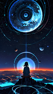 Cyberpunk Girl Observing Giant Blue Planet Over Neon City