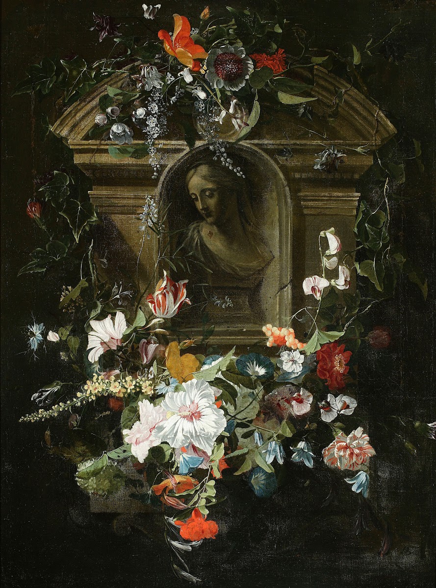 Bust of a woman in a circle of flowers 1658