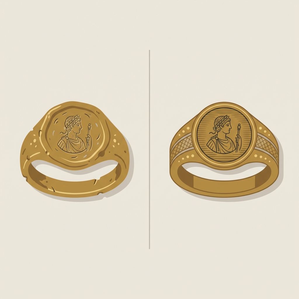 2D vector side by side comparison of a gold ring stamped roman intaglio showing hand tool marks and an exact modern replica with a crisp symmetrical bezel highlighting differences in bezel and tool marks