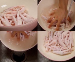 Chân gà mua về, rửa sạch sau đó cắt hết phần móng. Dùng muối hột rửa thật kỹ. Sau đó đổ phần rượu vào ngâm chừng 15-20 phút. Rồi rửa sạch lại với nước ít nhất 3 lần.