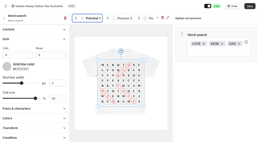 Grid panel with Cols, Rows, Grid line color, Grid line width, and Cell size fields