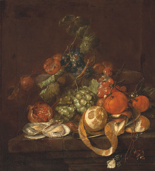 Nature morte aux citrons huitres raisins et papillons sur un entablement
