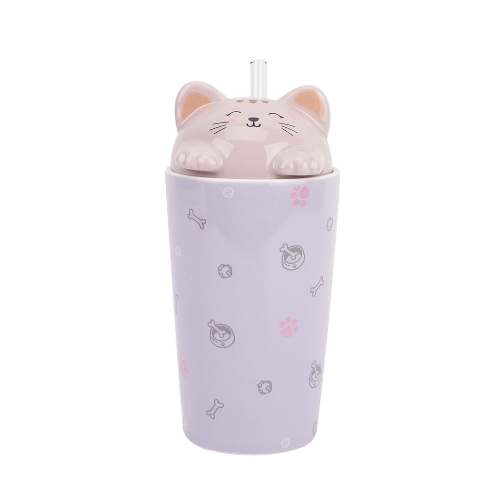 Vaso de cerámica con tapa y diseño de gato color morado