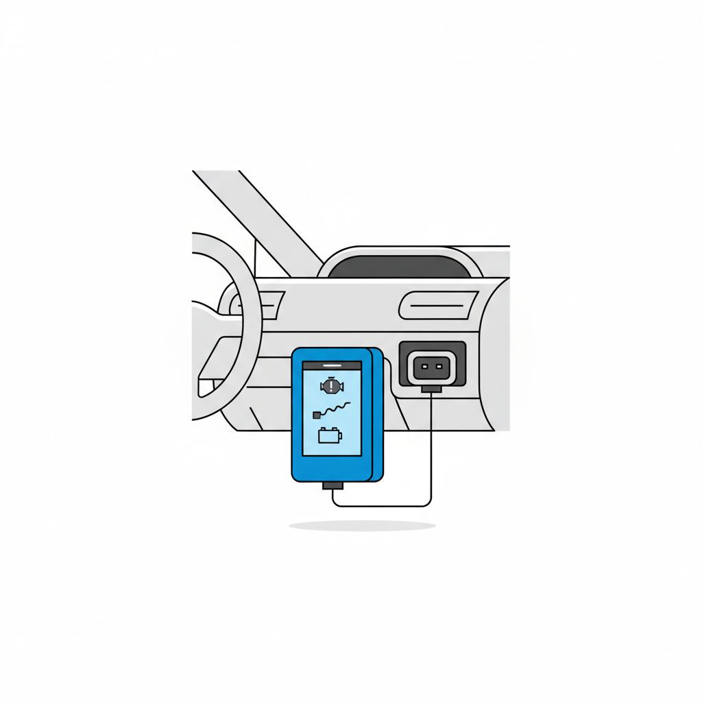 Minimalist 2D vector image of an OBD II scanner connected to a Corolla diagnostic port on a white background used toyota corolla for sale
