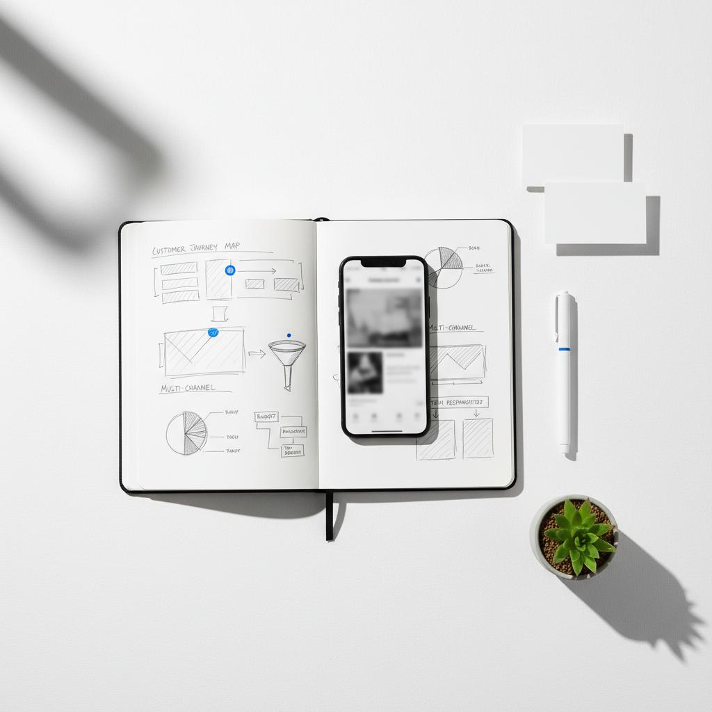 Minimal flat-lay of a smartphone on a white notebook page with blurred interface sketches, business cards and a small plant in Agency Visible style for Google business profile
