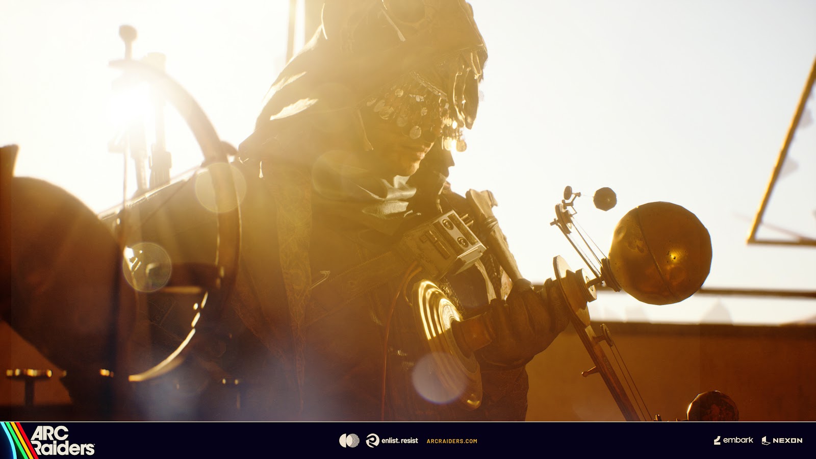 ARC Raiders Raider backlit by harsh sunlight inspecting a recovered relic — a brass orrery and golden sphere among the artefacts of the Forgotten Relics event; relics hide inside lockers, drawers and crates, so thorough looting of container-dense interiors is how you find the most