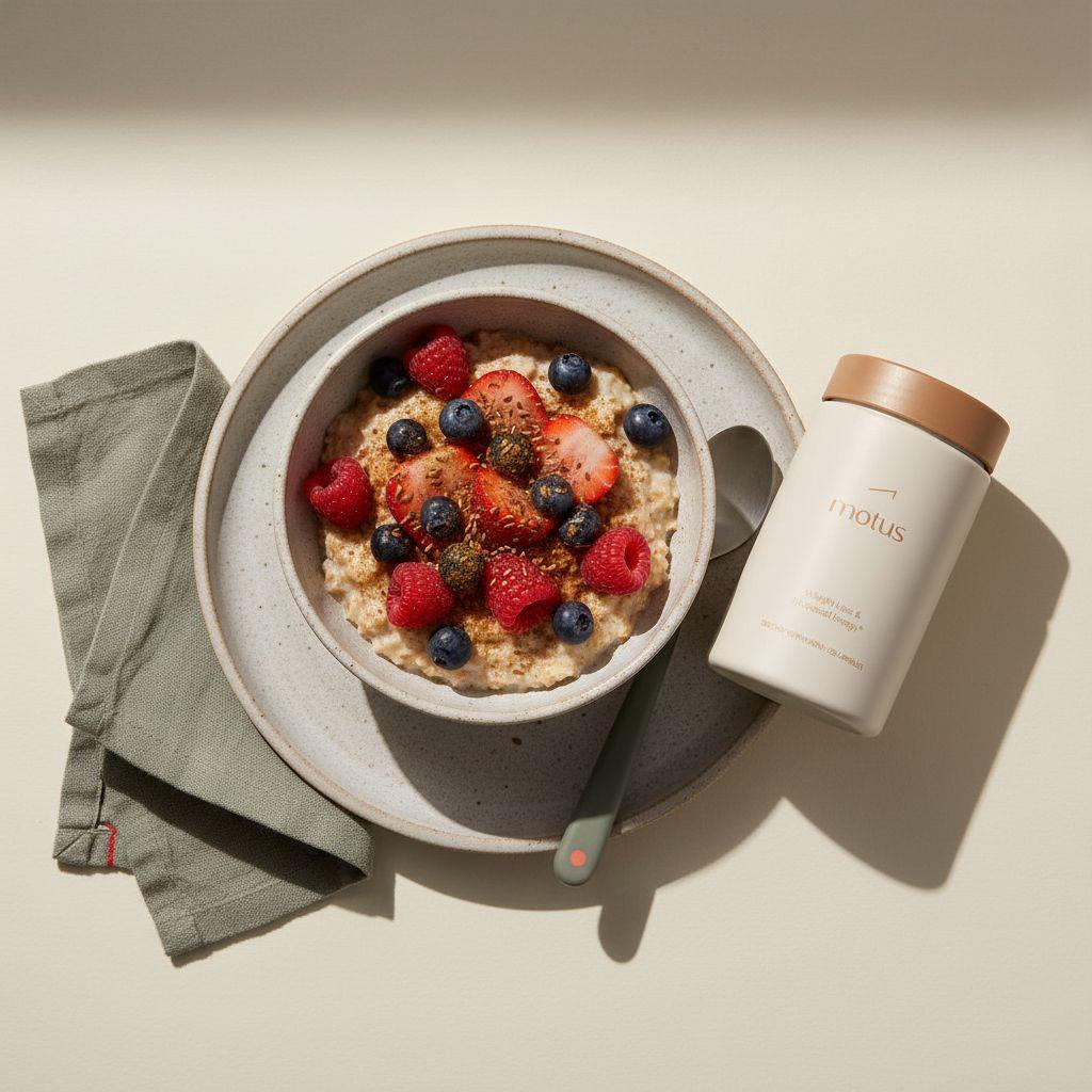 Overhead breakfast bowl with oats, berries, flaxseed and cinnamon, Motus supplement bottle on a neutral plate in Tonum palette — miracle food for diabetes