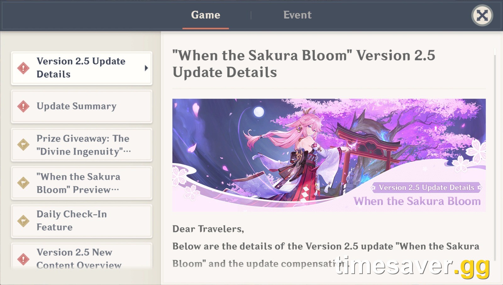 The in-game Notices window in Genshin Impact, open on the Game tab where HoYoverse posts the Update Maintenance Preview and Version Update Details notices that confirm each version's release date