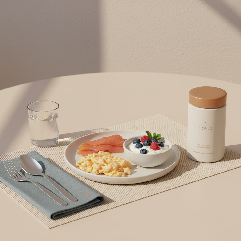 Bright minimalist breakfast still-life with Tonum Motus container beside scrambled eggs, smoked salmon and Greek yogurt with berries, illustrating does protein burn fat without exercise