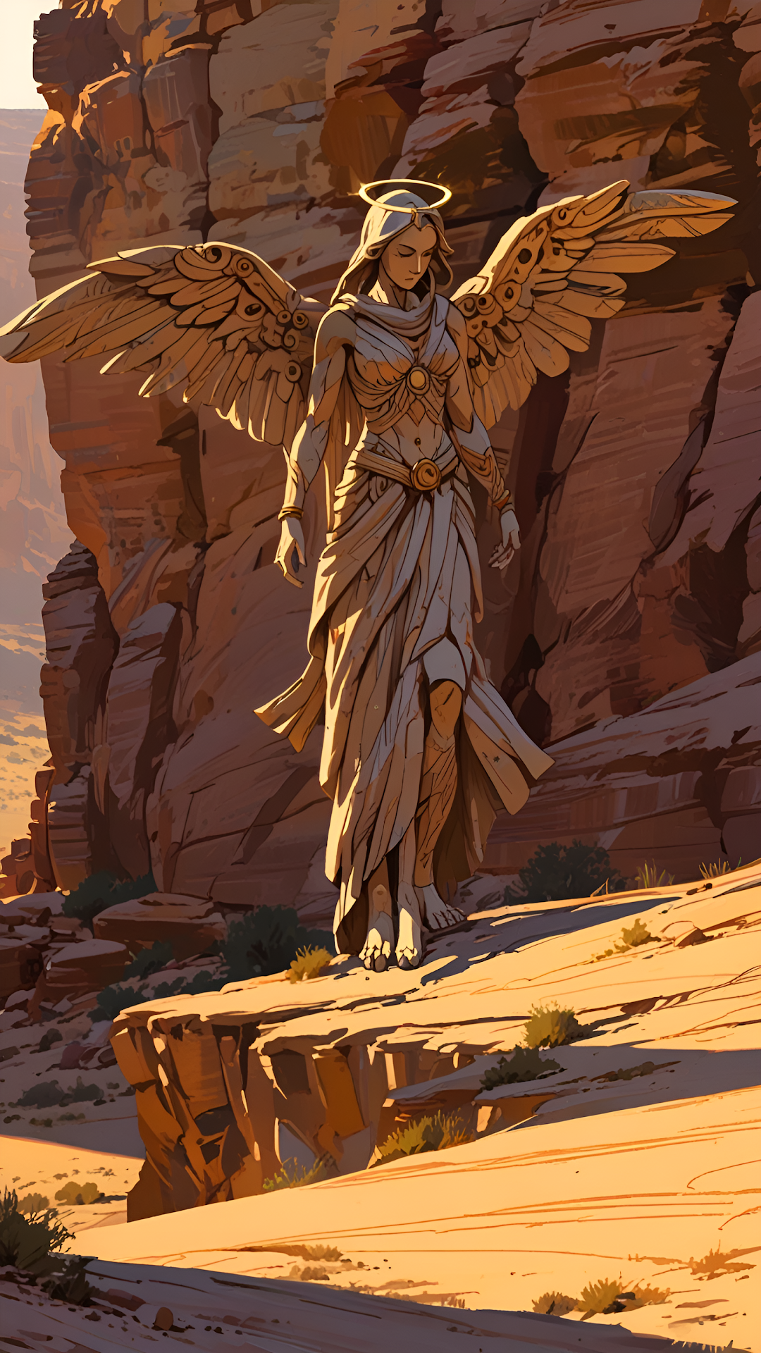 Stone Angel with Golden Wings Standing in Desert Canyon - Free 4K mobile Wallpaper