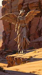 Stone Angel with Golden Wings Standing in Desert Canyon