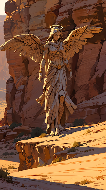 Stone Angel with Golden Wings Standing in Desert Canyon - Free mobile Wallpaper