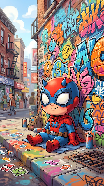 Chibi Masked Hero Sitting Against Graffiti Street Wall - Free mobile Wallpaper