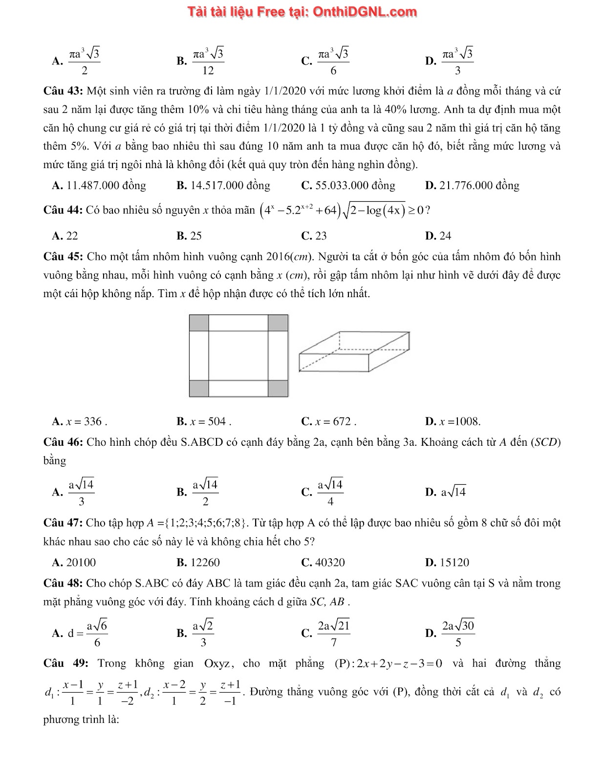 475 bài tập môn Toán - Ôn thi ĐGTD ĐH Bách Khoa Hà Nội Phần 15