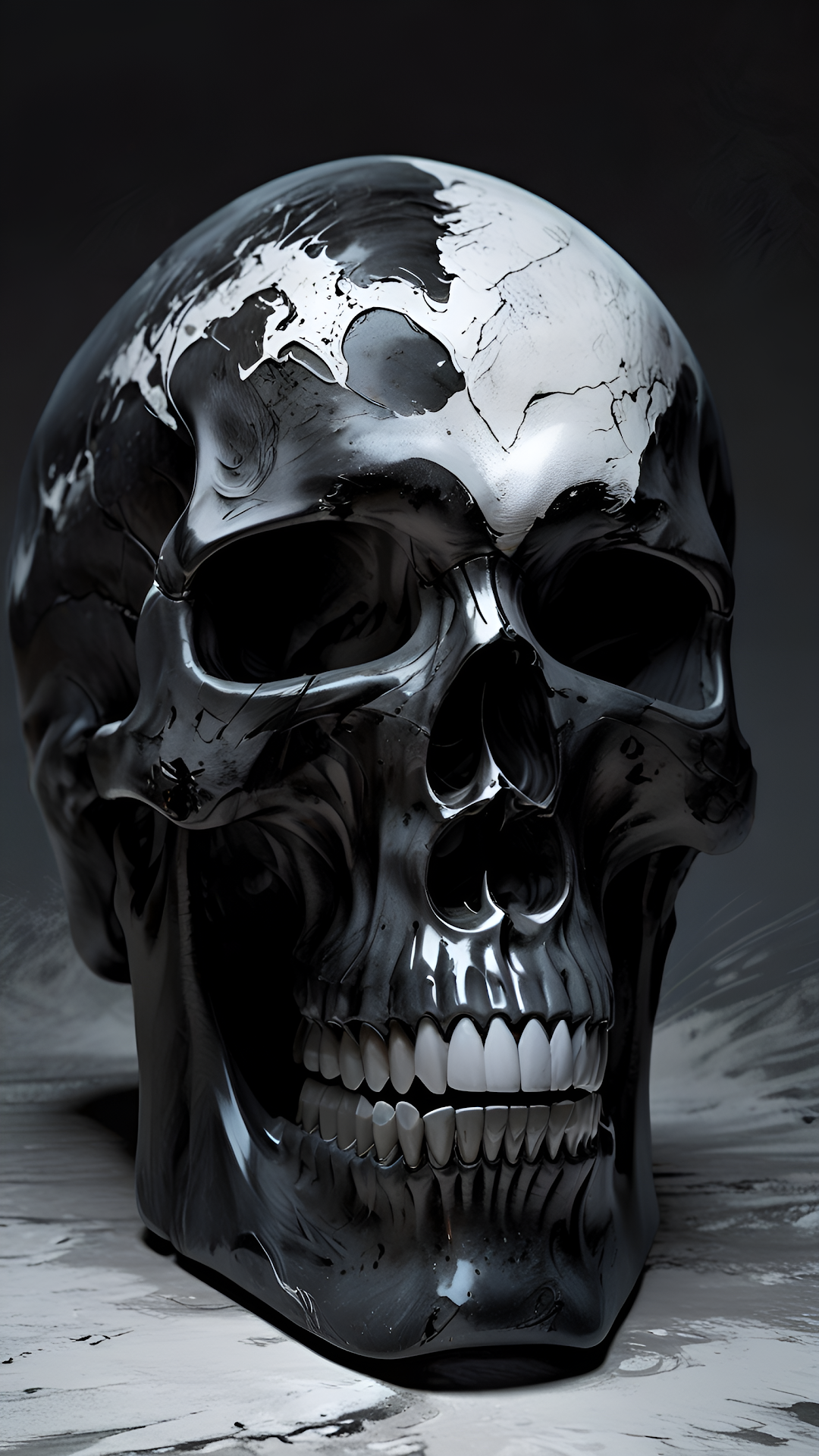 Glossy Black Skull Sculpture with White World Map Detail - Free 4K mobile Wallpaper