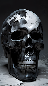 Glossy Black Skull Sculpture with White World Map Detail