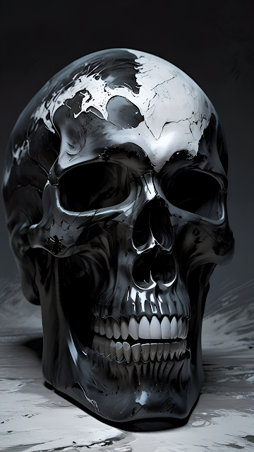 Glossy Black Skull Sculpture with White World Map Detail - Free mobile Wallpaper
