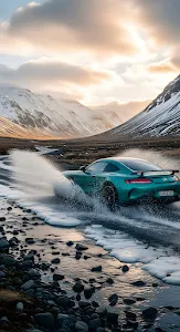 Teal Sports Car Splashing Water in Snowy Valley